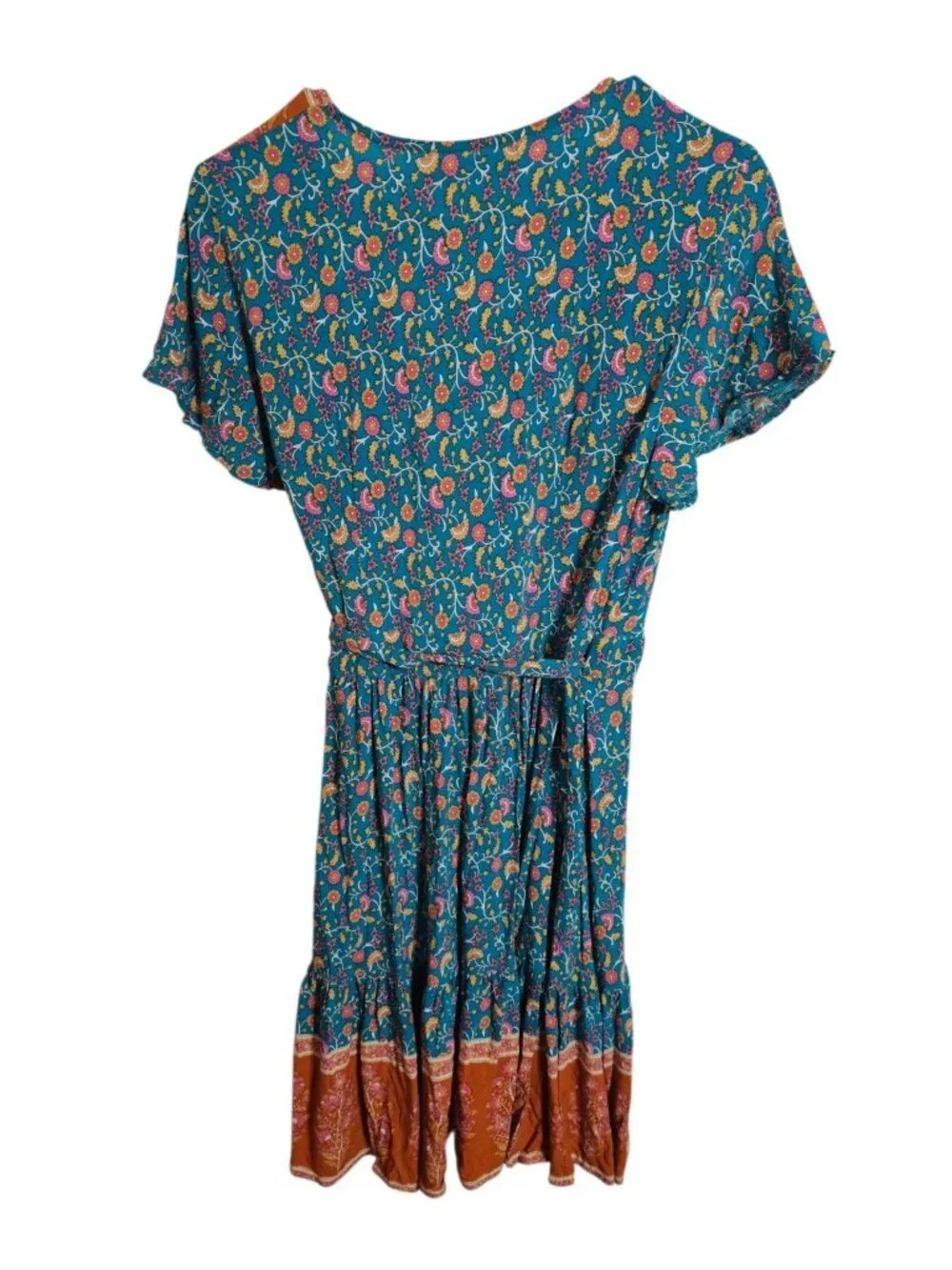 ZESICA Womens Medium Wrap Dress Blue Rust Floral Rayon Iconic Boho Festival Mini - Picture 3 of 8